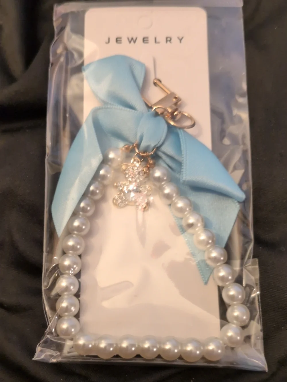 Blue Bow Pearl Keychain with Crystal Teddy Charm